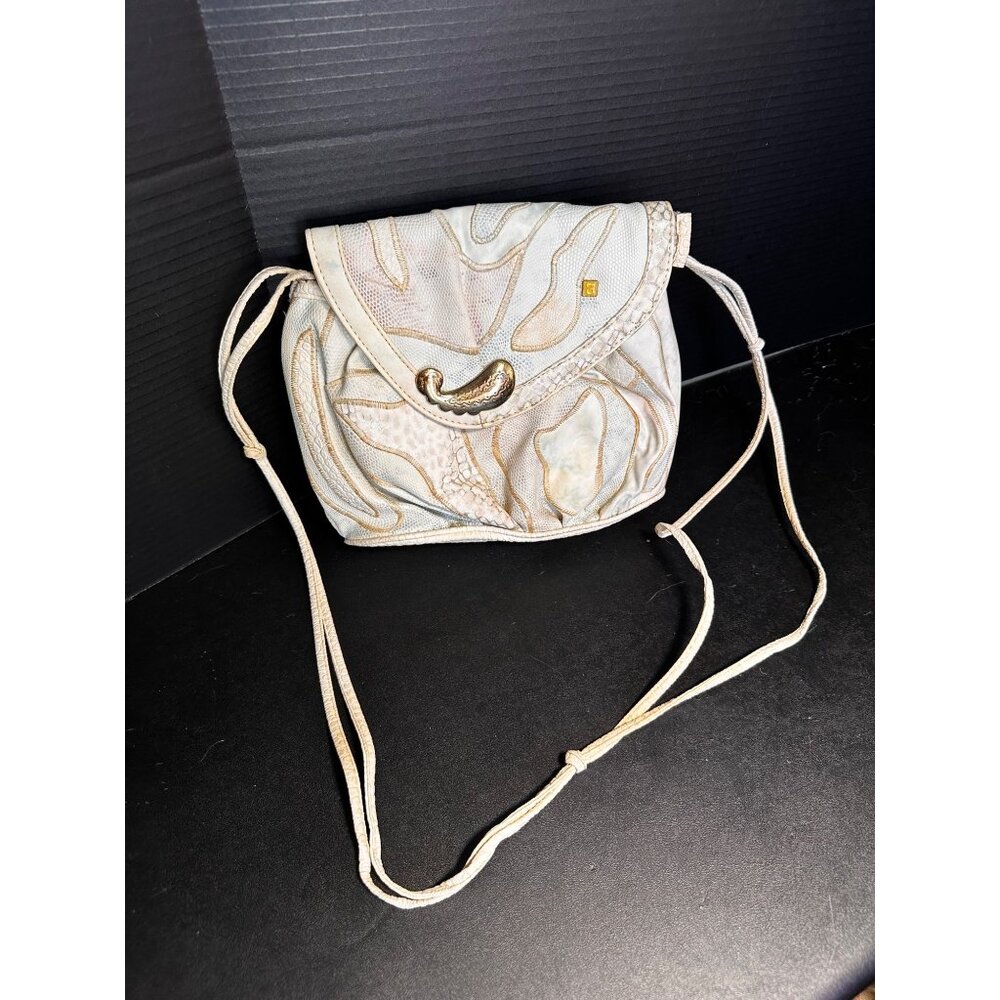 Vintage White NAS Imitation Frog Purse Long Strap & Gold Accents- Staining- READ